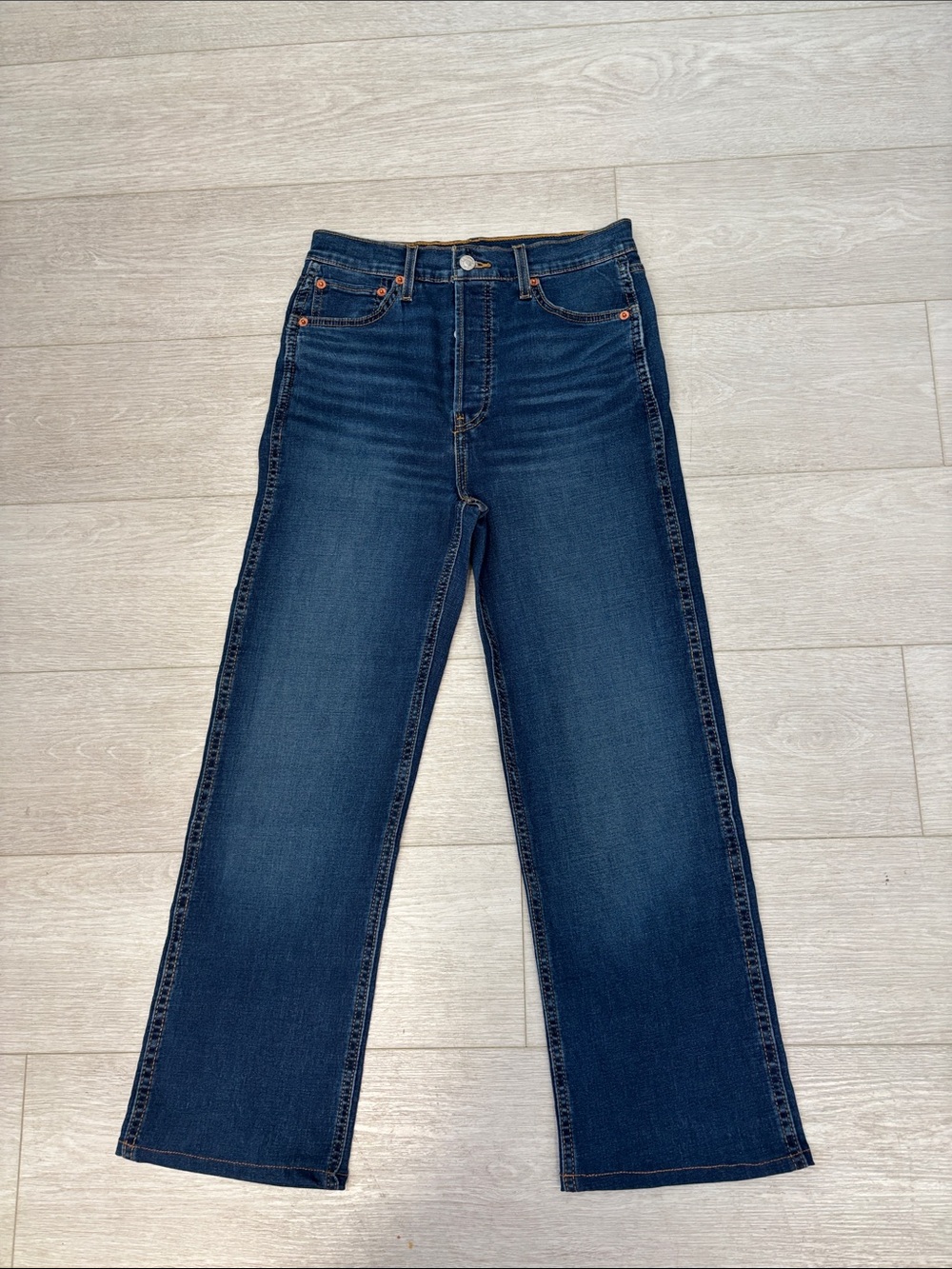 RE/DONE 70s Stove Pipe High Rise Jean Deep Faded Blue Straight Leg button fly 26